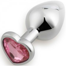 Металлическая анальная пробка с кристаллом в виде розового сердечка, диаметр 3,5 см